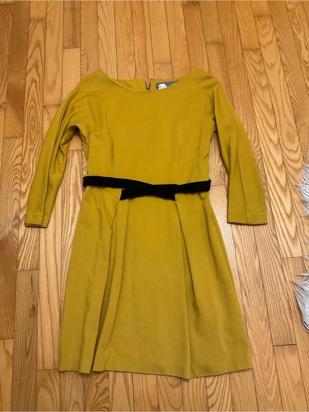 Mustard Yellow Fit-and-Flare Dress with Black Velvet Belt